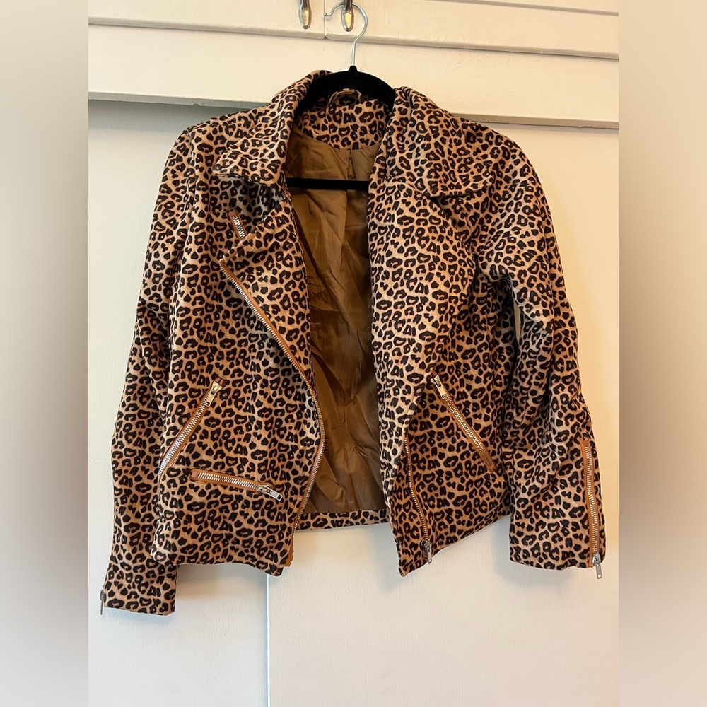 New Leopard Faux Suede Moto Biker Jacket S
